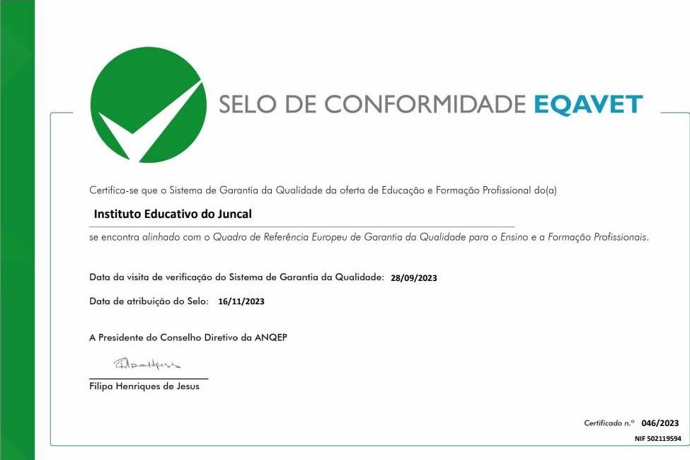 Garantia de Qualidade: SELO EQAVET por + 3 anos